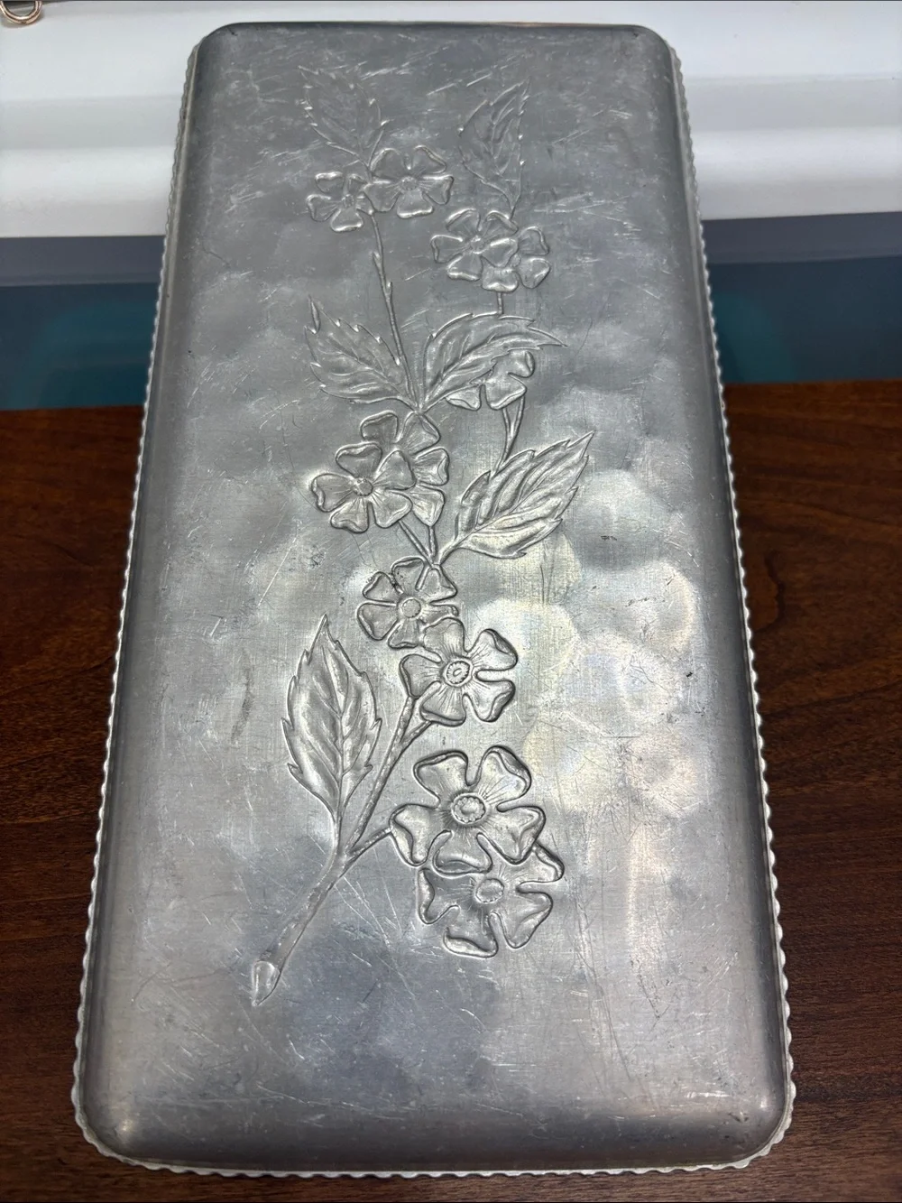 Floral Embossed Metal Serving Tray - Silver Finish